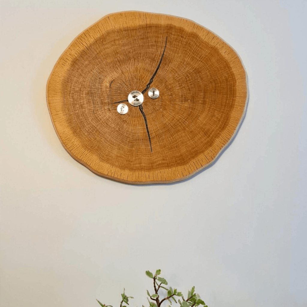 MyLivingTree Wandobjekt Rustikal – handgefertigte Baumscheibe mit Meilensteinen als Wanddekoration